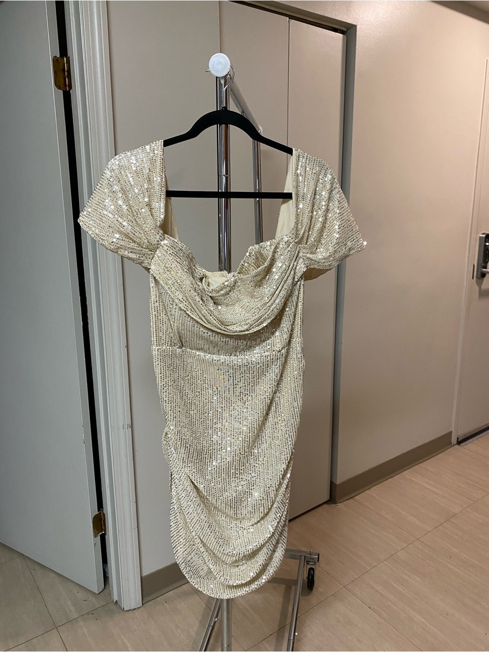 Ivory Sequin Draped Cocktail Dress
